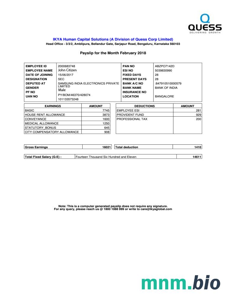 Indie IKYA Human Capital Solutions payslip w formatach Word i PDF